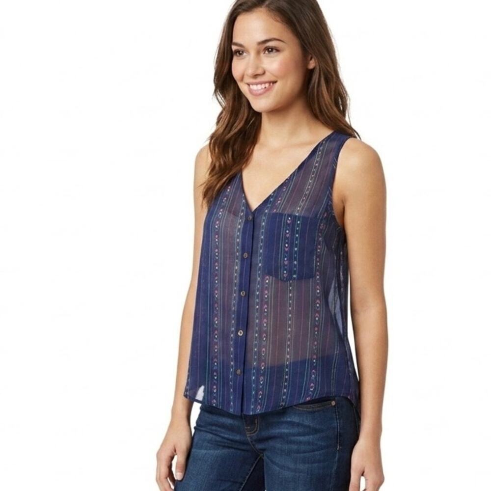Forever 21 Women's Tank Top S Blue Striped Print Sheer Button Front Open Back
